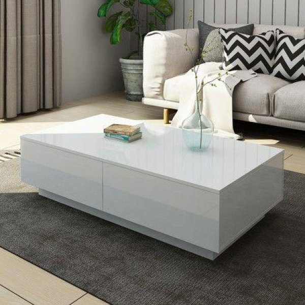 Modern Coffee Table 4-Drawer Storage Shelf High Gloss Wood Living Room Furniture - White