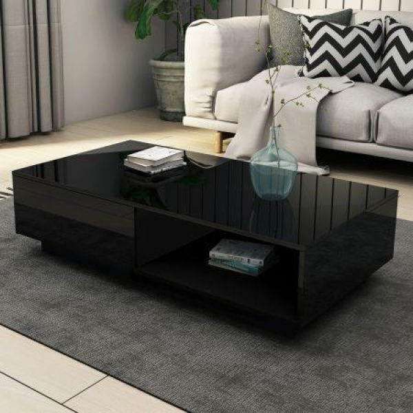 Modern Coffee Table Storage Drawer Shelf Cabinet High Gloss Wood Furniture - Black