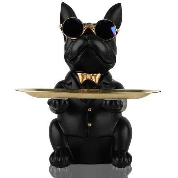 Modern Decor Resin Bulldog Tray Statue Storage Key Holder Candy Jewelry Earrings Tray Suitable For Home Decor-Black