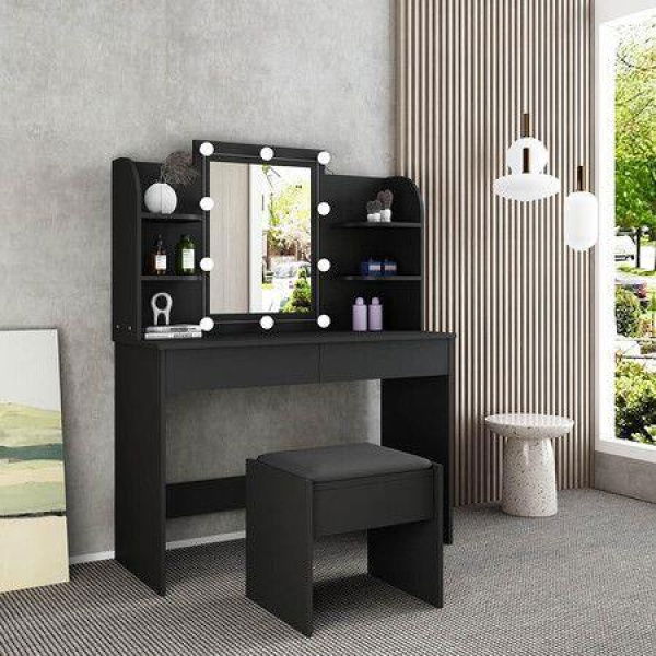 Modern Dressing Table Makeup Desk Vanity Table Stool Set With LED Lights Mirror Drawers-Black