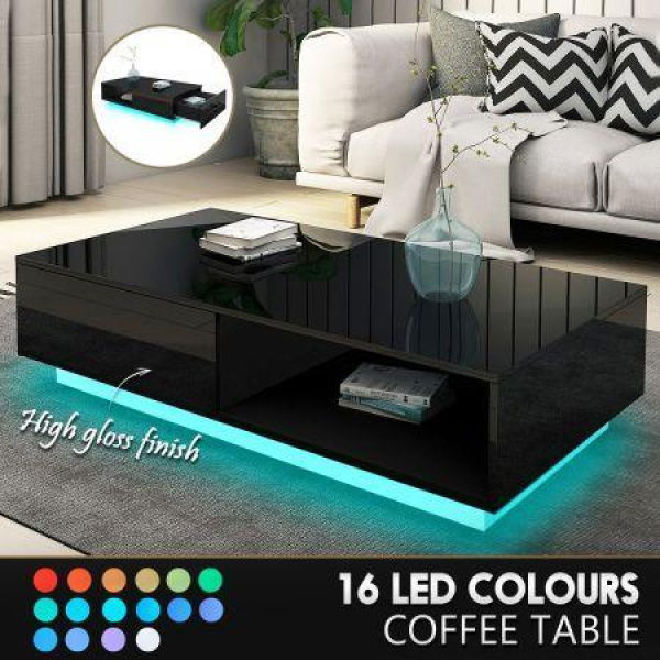 Modern Rectangle Coffee Table Living Room Storage Unit Furniture High Gloss With 1 Drawer Black