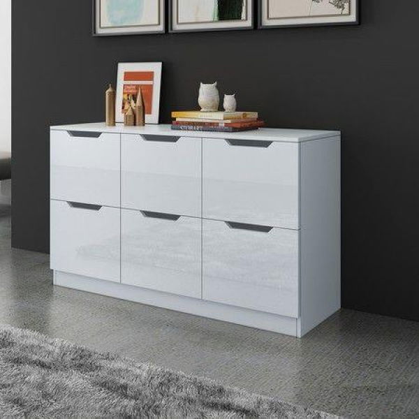 Modern Wooden Chest Of Drawers Bedroom 6 Drawers Storage High Gloss Front White