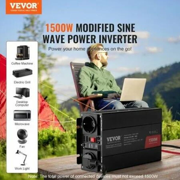 Modified Sine Wave Inverter 1500W DC 12V to AC 230V Power Inverter with 2 AC Outlets 2 USB Port 1 Type-C Port 6 Spare Fuses