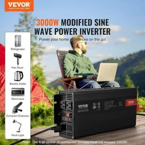 Modified Sine Wave Inverter 3000Watt DC 12V to AC 230V LCD Display Power Inverter with 3 AC Outlets 2 USB Port 1 Type-C Port 10 Spare Fuses