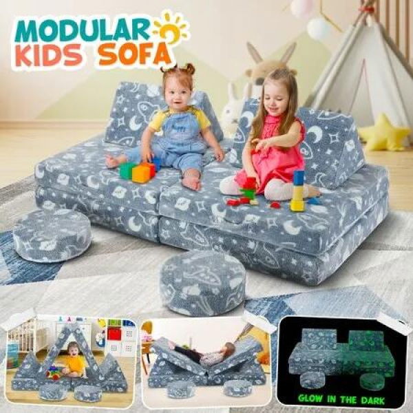 Modular Kids Sofa Set 6Pcs Play Couch Convertible Lounge Chair Folding Toddler Playset Sectional Cushion Glowing Cover