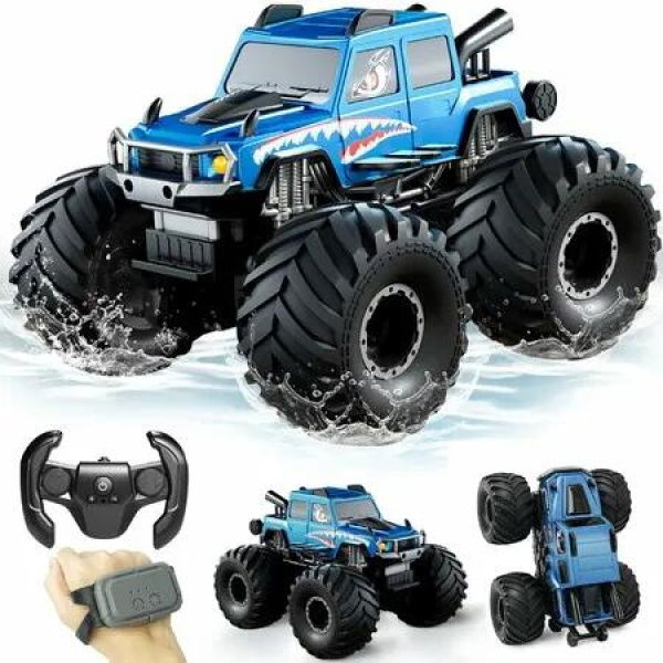 Monster Truck Amphibious Remote Control Car,Waterproof RC Trucks 2.4GHz Monster Trucks Car for Boys 4-7,1:20 4WD All Terrain Off-Road-Blue