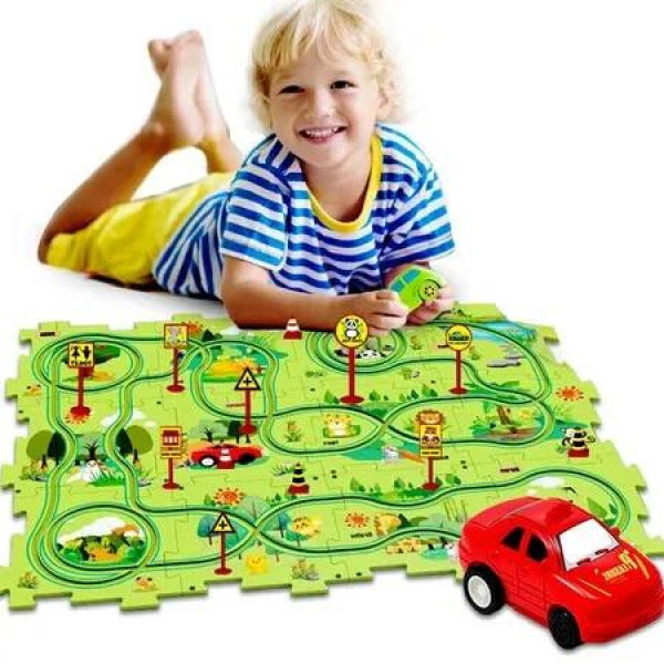 Montessori Puzzle Car Tracks: Electric Puzzle Play Set for Kids with 25 Educational Pieces