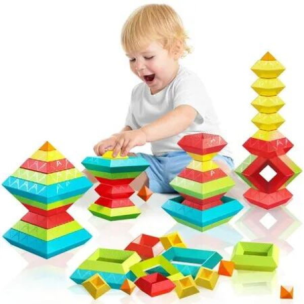 Montessori Stacking Building Blocks Toys,Educational Stem Sensory Toys For Preschool, Gifts For Kids 3+