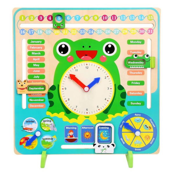 Montessori Wooden Toys Learning Clock Multifunctional Wooden Frog Teaching Clock Calendar Weather Season For Kids Age 3+.