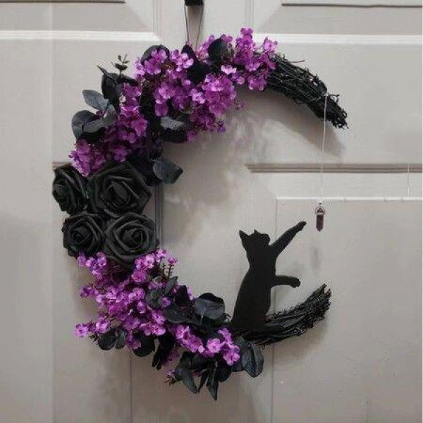 Moon Halloween Wreaths For Front Door Halloween Moon Wreath With Cat Wall Decor Halloween Cat Door Wreath Cat Halloween Decorations