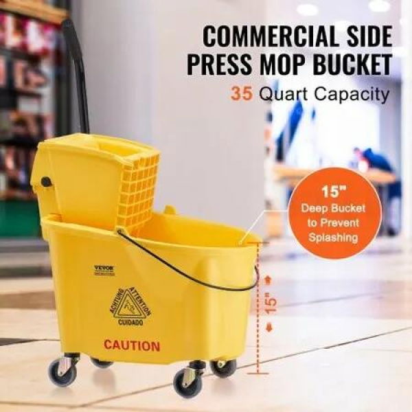 Mop Bucket with Wringer 35 Qt. Commercial Mop Bucket with Side Press Wringer Side-Press Mop Bucket and Wringer Combo on Wheels for Floor Cleaning Yellow