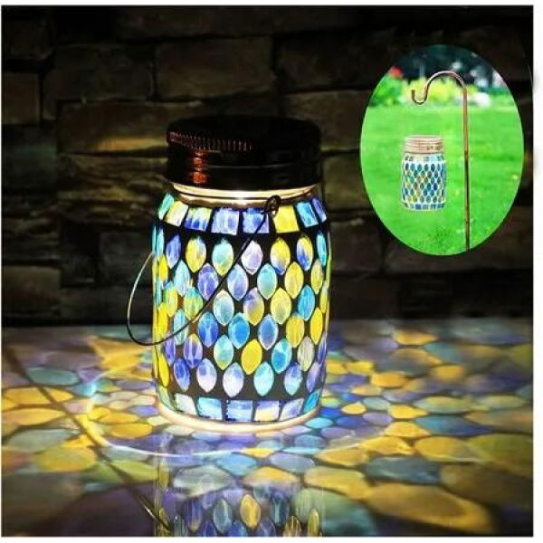 Mosaic Solar Lanterns Outdoor Hanging Lights, Solar Table Lamps and Cool Blue Color Mosaic Glass Lights, Outdoor Waterproof Solar Night Lights, Garden, Patio, Pathway and Yard Decor