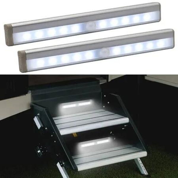 Motion Activated RV Step Lights,10 LED Battery Operated Motorhome Motion Sensor led Light Strip,Magnetic Night Light Bar (White Light,2 Pack)