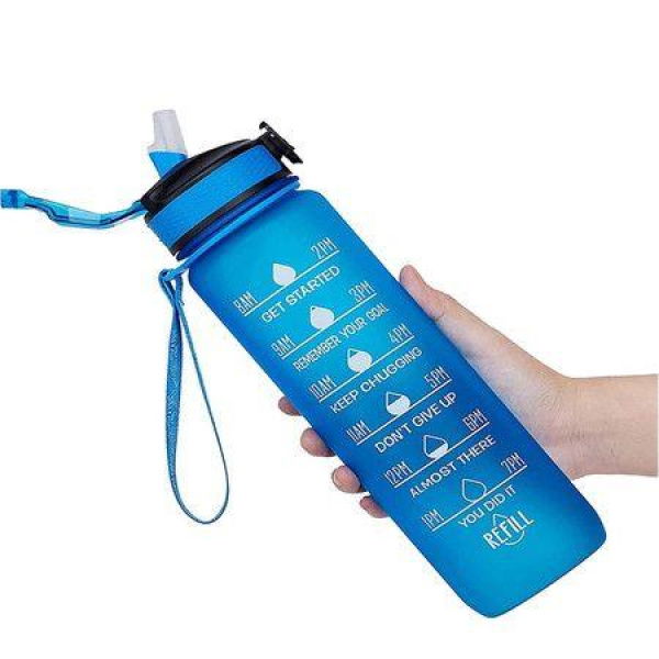 Motivational Drinking Water 1L Bottle With Time Marker & Straw - Col. Blue.