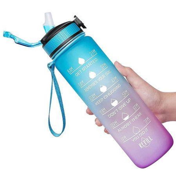 Motivational Drinking Water 1L Bottle With Time Marker & Straw - Col. Blue.