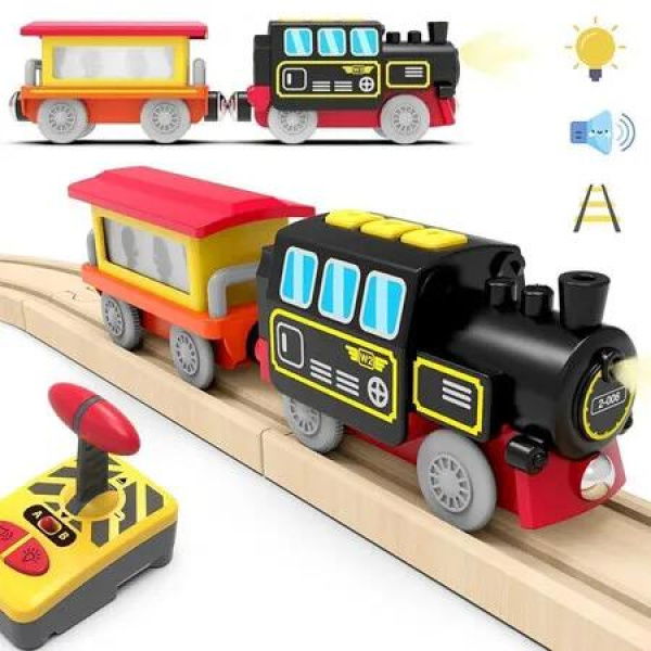 Motorized Train for Wooden Track, Remote Control Train with Magnetic Connection, Battery Operated Locomotive Train Set