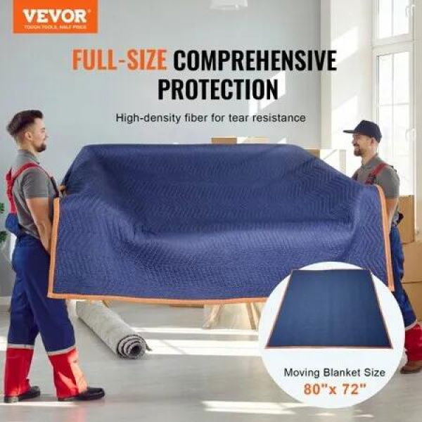 Moving Blankets, 2032 x 1829 mm, 29.5 kg/dz, 12 Packs, Professional Non-Woven & Recycled Cotton Packing Blanket, Heavy Duty Mover Pads for Protecting Furniture, Floors, Appliances, Blue/Orange