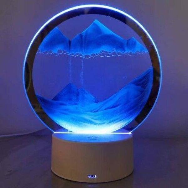 Moving Sand Art Picture Round Glass 3D Deep Sea Sandscape in Motion Display Flowing Sand Frame,Desktop Art Toys,Desktop Decorations (Blue)