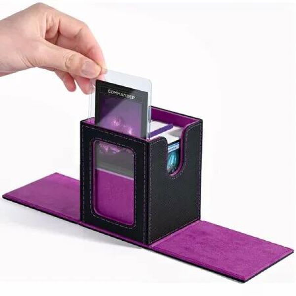 MTG Deck Box with Commander Window Display,Trading Card Storage Box Holds 100 Double-Sleeved Cards Suitable for TCG/CCG/PTCG/EDH/Magic/Sport Cards (Black&Purple)