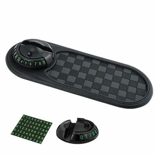 Multifunction Car Anti-Slip Mat,Rotatable Anti Skid Car Dashboard Pad with Temporary Parking Numbe,Universal Car Phone Holder (Black Gray)