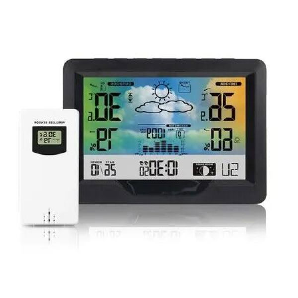 Multifunction Wireless Weather Station Thermometer with Accurate weather forecasting outdoor sensor,digital color display,DCF radio clock for precise timekeeping(Black)