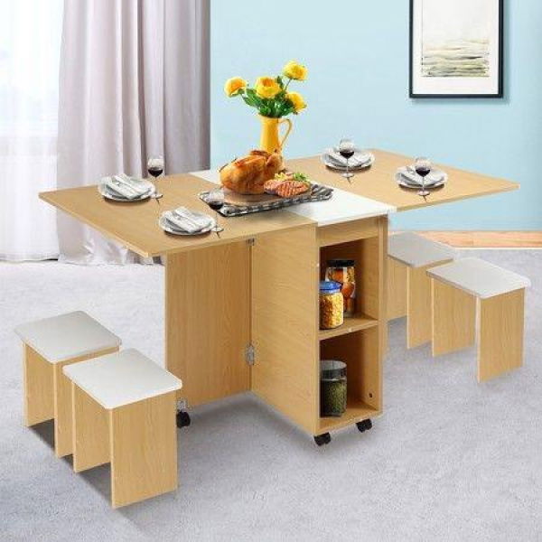 Multifunctional 5 Piece Foldable Dining Table And Chair Set Wooden Home Furniture