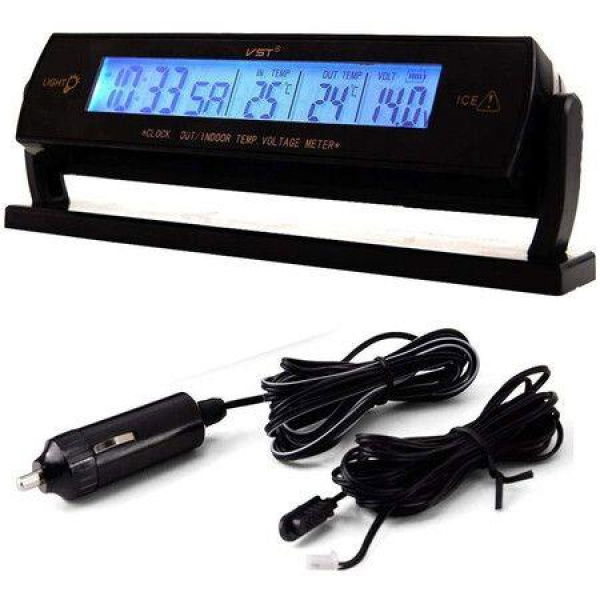 Multifunctional Car Clock Calendar Blue Backlight Inside Outside Voltmeter Thermometer Voltage Meter