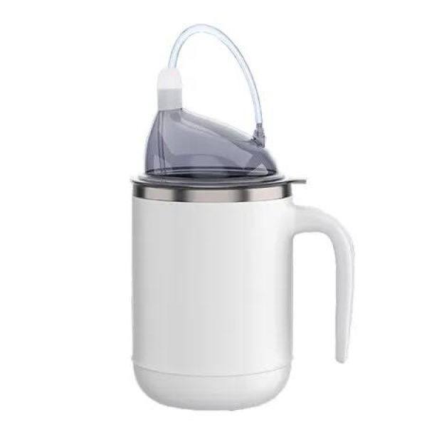 Multifunctional Sippy Cup for Elderly Spill Proof, Easy to Grasp Handles,15oz Stainless Steel Sippy Cup with Straw, No Spill Cups for Seniors (White)