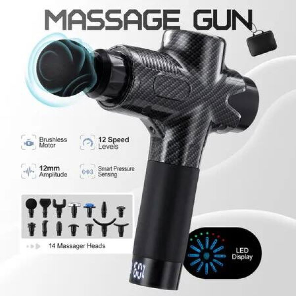 Muscle Massage Gun Brushless Motor Portable Handheld Body Fascia Deep Tissue 14 Heads Heat Cold Percussion Vibration Electric Neck Leg Back Massager