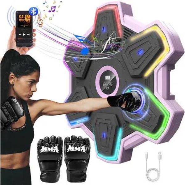 Music Boxing Machine, Colorful LED Punching Machine with Gloves, Bluetooth Boxing Music Trainer Wall Mounted, Smart Training Equipment for Men Women (Pink)