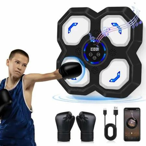 Music Boxing Machine,Smart Bluetooth Trainer Equipment with Gloves,Wall-Mounted Boxing Music Workout Machine,Electronic Focus Training (Black)