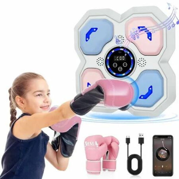 Music Boxing Machine,Smart Bluetooth Trainer Equipment with Gloves,Wall-Mounted Boxing Music Workout Machine,LED Electronic Focus Training for Home,Office,Gym (White)