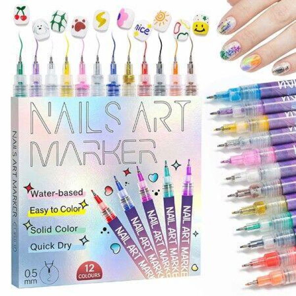 Nail Art Pens 12 Colors Nail Art Markers Set - Painting Polish Pen with 0.5mm Fine Tip, Quick-Dry Gifts for Her DIY Home Salon