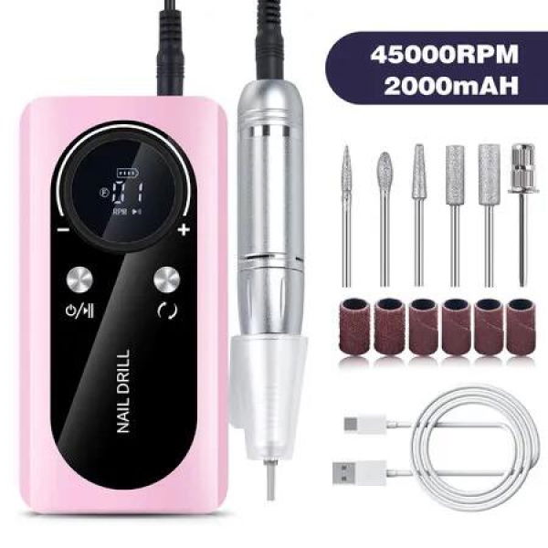 Nail Drill Electric 45000RPM Portable File Rechargeable Sander Gel Polishing Home Manicure Salon Pedicure Colourful Pink Lightweight