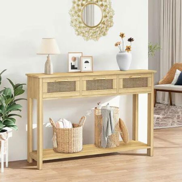 Narrow Console Table Hallway Entryway Sofa Couch Side End Accent TV Stand Home Entrance Living Bedroom Furniture Oak with Rattan Storage Drawers Shelf