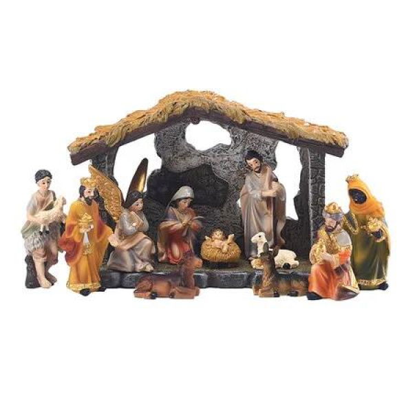 Nativity Scene Figurine Jesus Manger Set Resin Crafts Table Window Sill Decoration Ornaments Religious Gifts 20.5x6.5x15.5cm