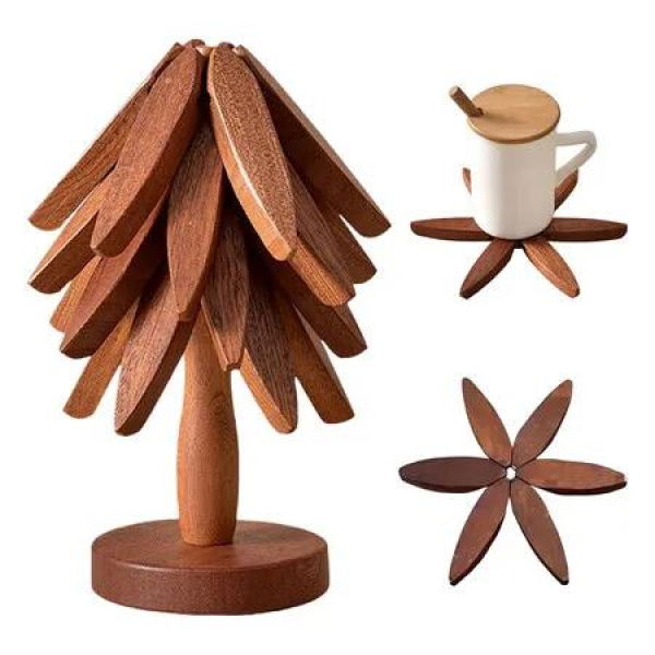 Natural Foldable Black Walnut Wooden Trivet Set, 4 Trivets and 1 Stand for Hot Dishes, Pot, Bowl, Teapot, Hot Pot Holders, Black Walnut