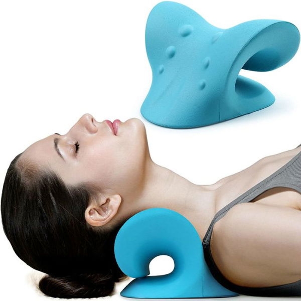 Neck And Shoulder Relaxer Cervical Traction Device For TMJ Pain Relief And Cervical Spine Alignment Chiropractic Pillow Neck Stretcher (Blue)