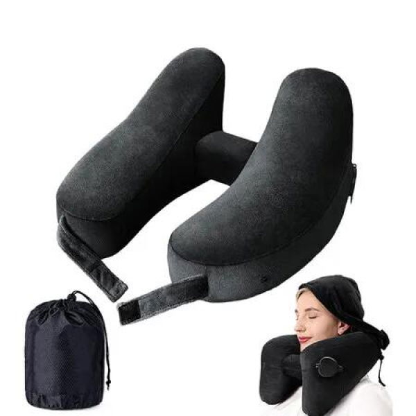 Neck Pillow for Travel Inflatable Airplane Pillow Comfortably Supports Head, Neck and Chin, Inflatable Travel Pillow with Portable Drawstring Bag (Black)