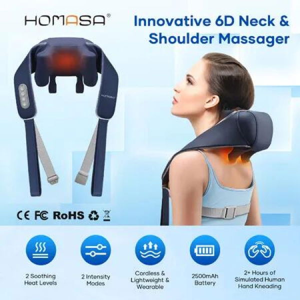 Neck Shoulder Massager Portable Cordless 6D Deep Kneading Back Massage Machine Lightweight Smart Relax Device with 2 Heating Levels 2 Speed