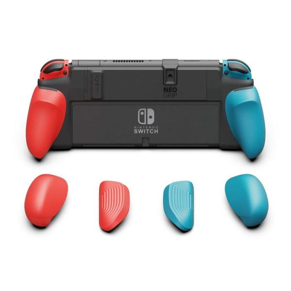 NeoGrip: An Ergonomic Grip Hard Shell With Replaceable Grips [to Fit All Hand Sizes] For Nintendo Switch OLED And Regular Model (Red+Blue)