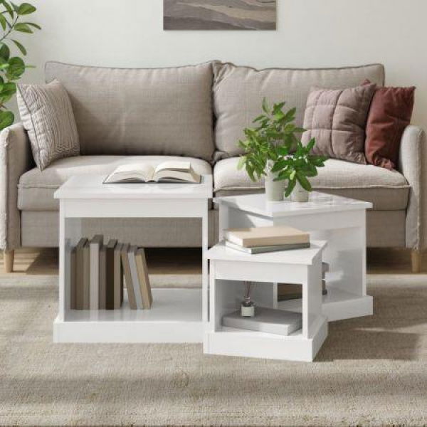 Nesting Tables 3 Pcs High Gloss White Engineered Wood