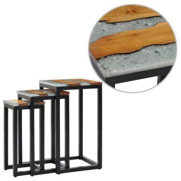 Nesting Tables 3 Pcs Solid Teak Wood And Polyresin