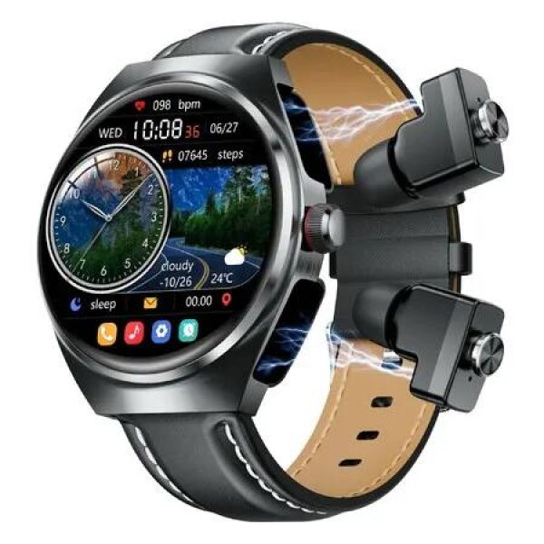 New Headset Smart Watch 2-in-1 1.53 Inch Round Screen Dual Call NFC Stainless Steel Body IP67 Mens Watches Color Black