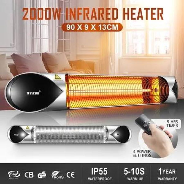 New Maxkon 2000W Carbon Fibre Infrared Heater Instant Heat Outdoor Patio Strip Heater Remote Control