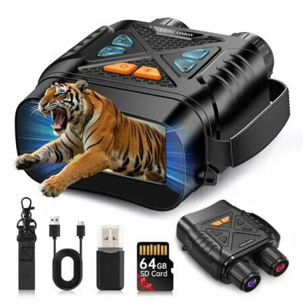 Night Vision Goggles,Night Vision Binoculars 10X Digital Zoom 7X Infrared Binoculars with 64GB TF Card,Ideal for Outdoor Camping and Wildlife Observation