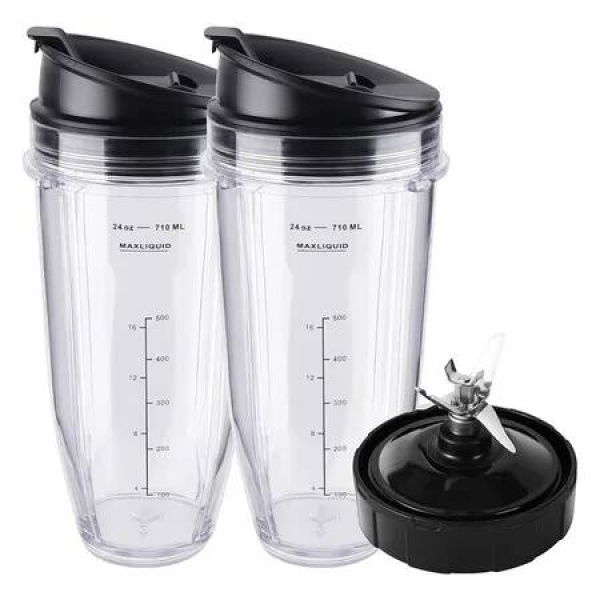 Ninja Blender Cups Replacement Parts 5 Pcs Set, 2 x 24oz Cups with Lids and 7 Fins Blade, Fits Nutri Ninja BN401 BN751 BN801 BL450 BL480 BL640 NN100
