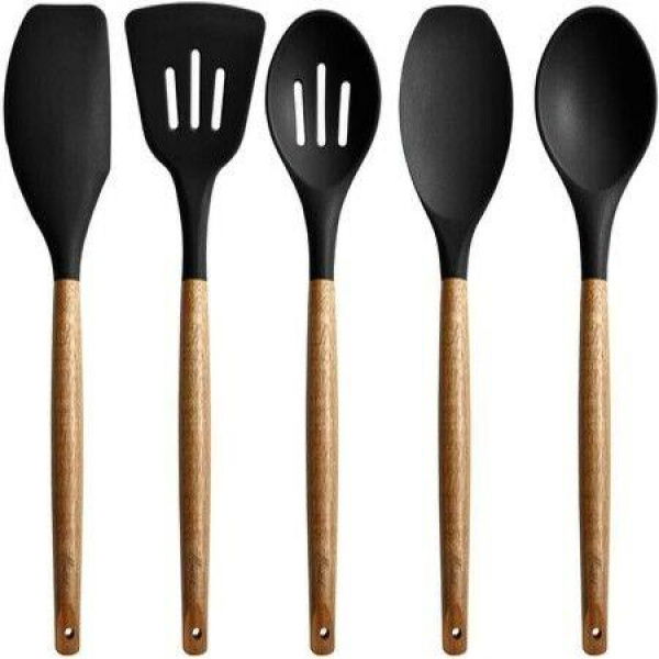 Non-Stick Silicone Kitchen Utensils Set With Natural Acacia Hardwood Handle 5-Piece Black BPA-Free Baking & Serving Silicone Cooking Utensils.