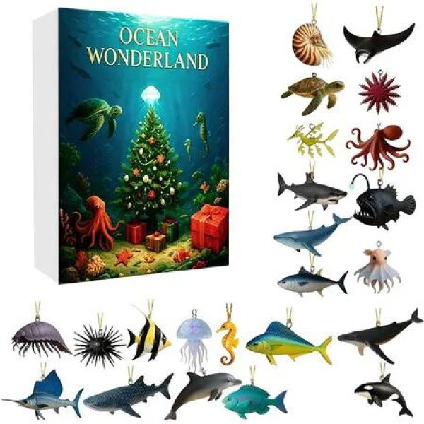 Ocean Wonderland Advent Calendar with 24 Days 2D Acrylic Hanging Ornaments, Unique Christmas Holiday Decoration & Gift Idea