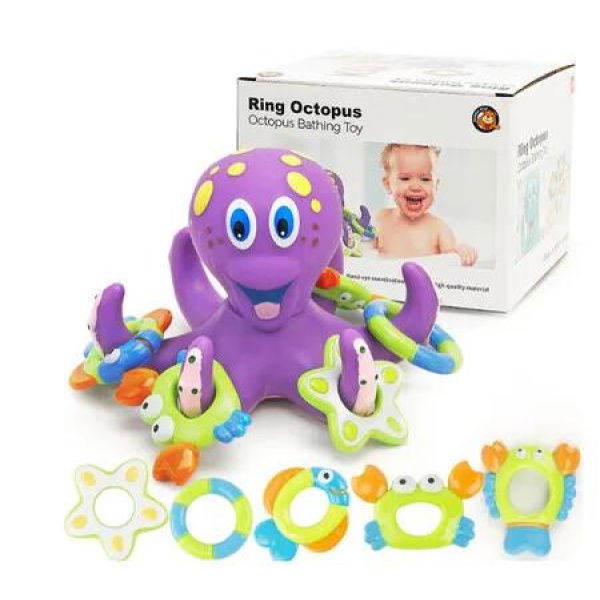 Octopus Floating Crab Bath Toy 5 Hoopla Rings Interactive Water Play Children Fun Splash Time Engaging Activity Purple